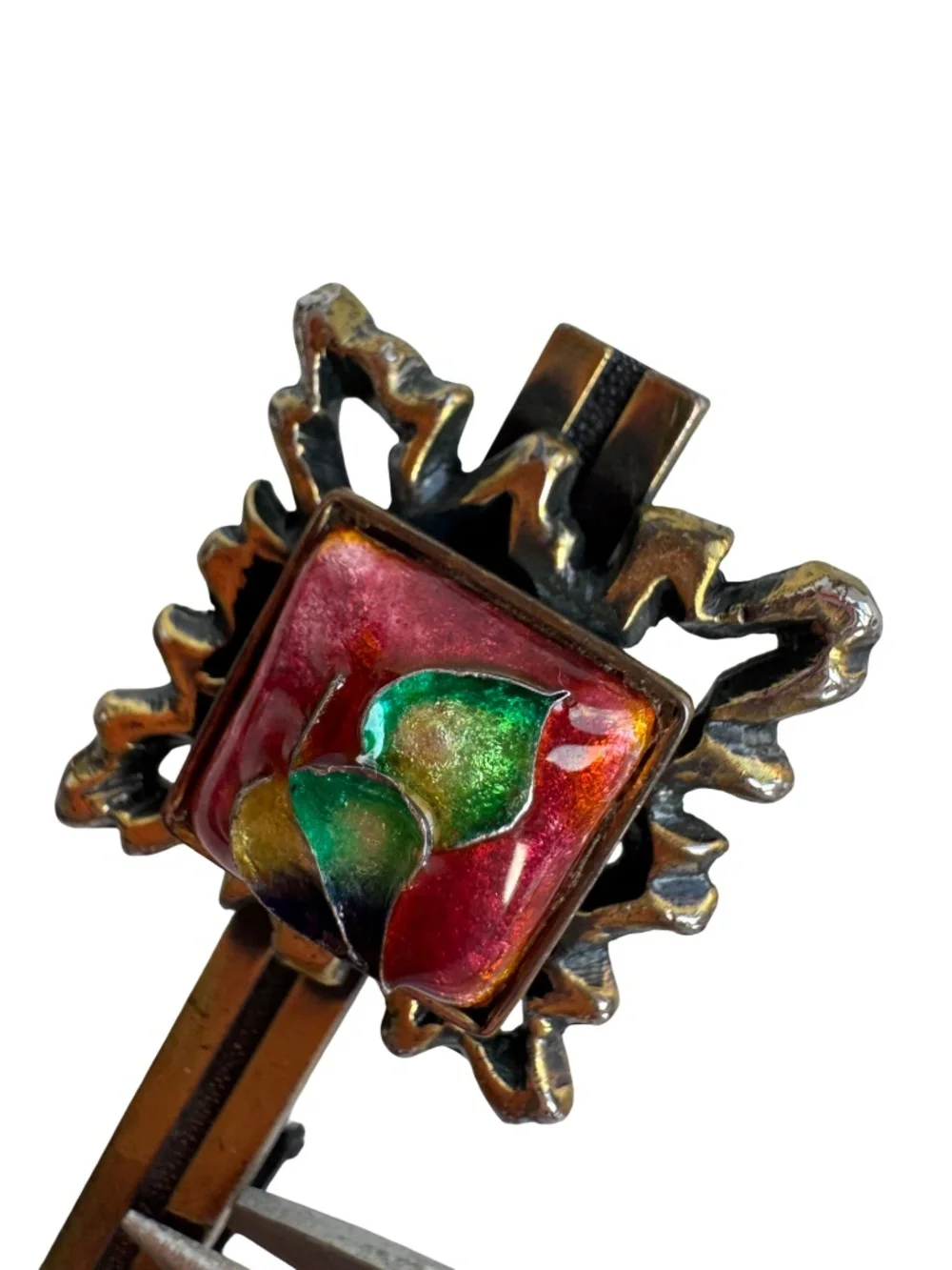 Vintage Japanese Cloisonne Tie Clip Red Green Enamel Floral Ornate Bar 2.25in